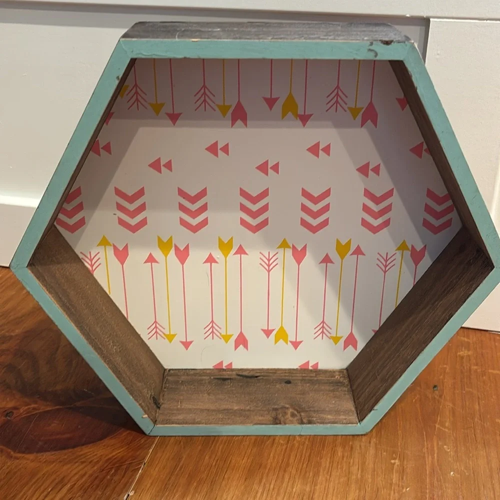 OOAK Hexagonal Shadow Box Shelf with Arrow Pattern Teen Middle School 13” x 15”
